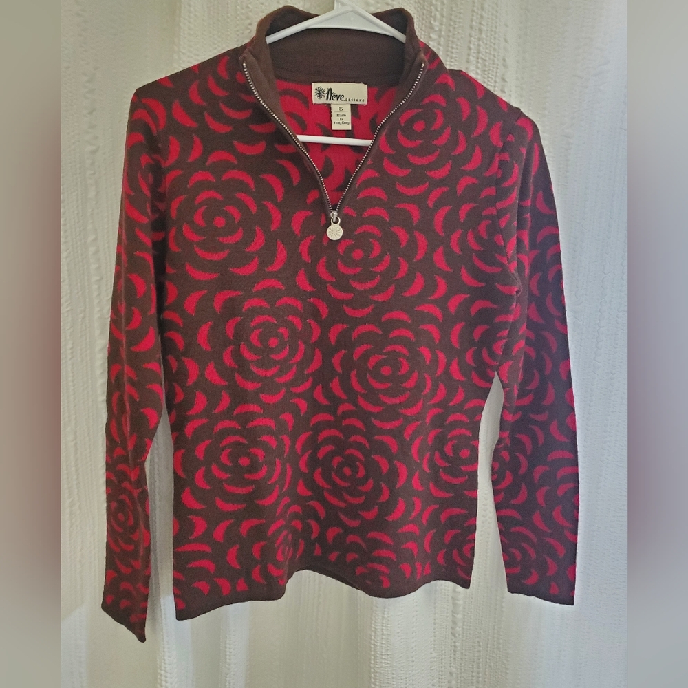 Neve Women's Small Red and Brown Floral Cowl Neck Sweater